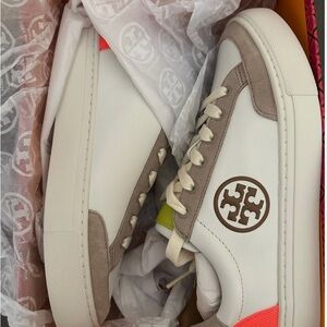 Tory Burch Cream and Tan Sneakers with Neon Accents
